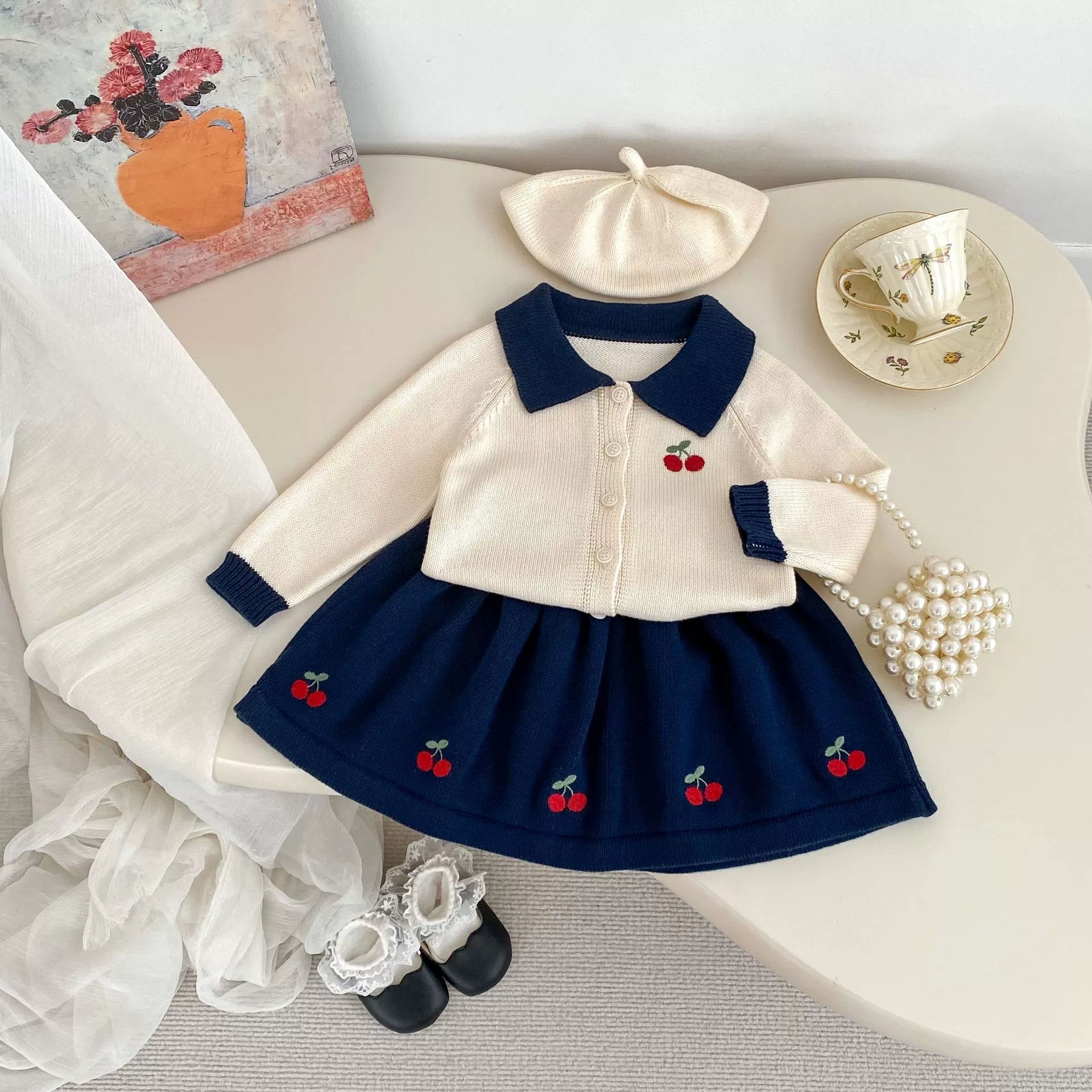 Spring and Autumn Kids Girls Cherry Embroidered Clothing